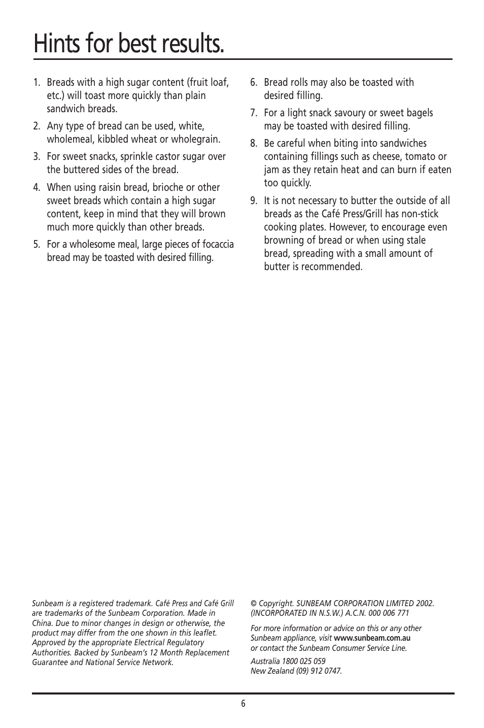 Hints for best results | Sunbeam GR8210 User Manual | Page 6 / 11