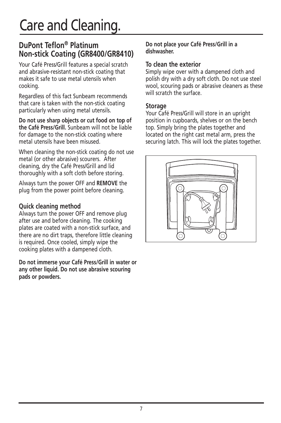 Care and cleaning, Dupont teflon | Sunbeam GR8210 User Manual | Page 7 / 11