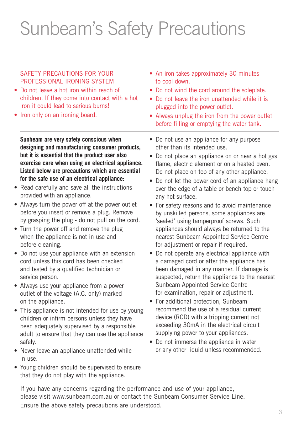 Sunbeam’s safety precautions | Sunbeam SR8600 User Manual | Page 3 / 12