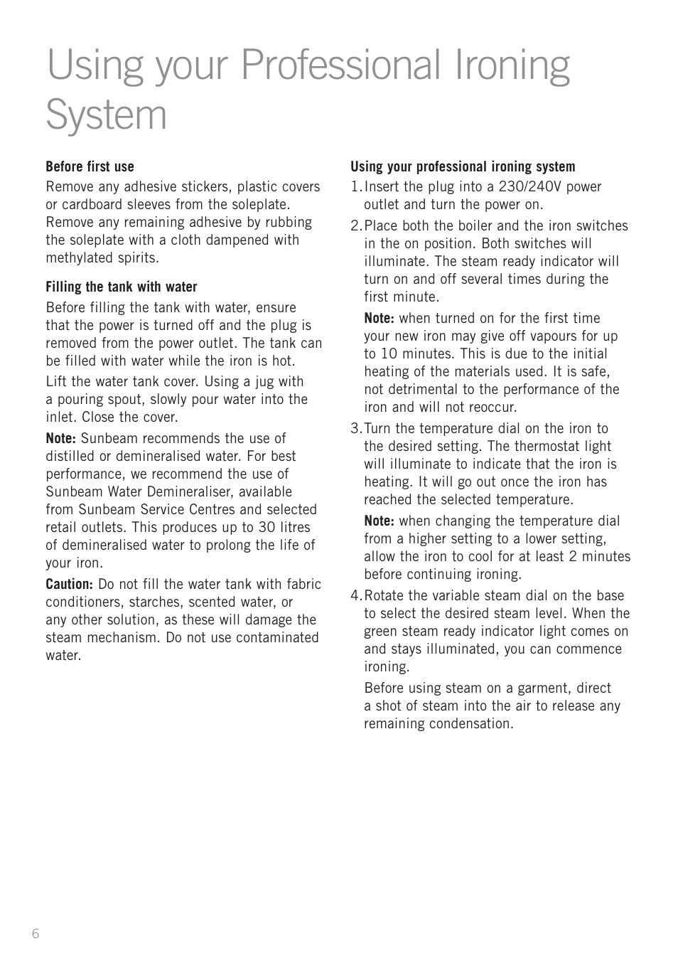 Using your professional ironing system | Sunbeam SR8600 User Manual | Page 6 / 12