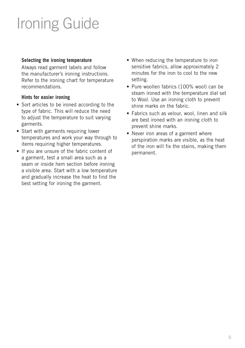 Ironing guide | Sunbeam SR8600 User Manual | Page 9 / 12