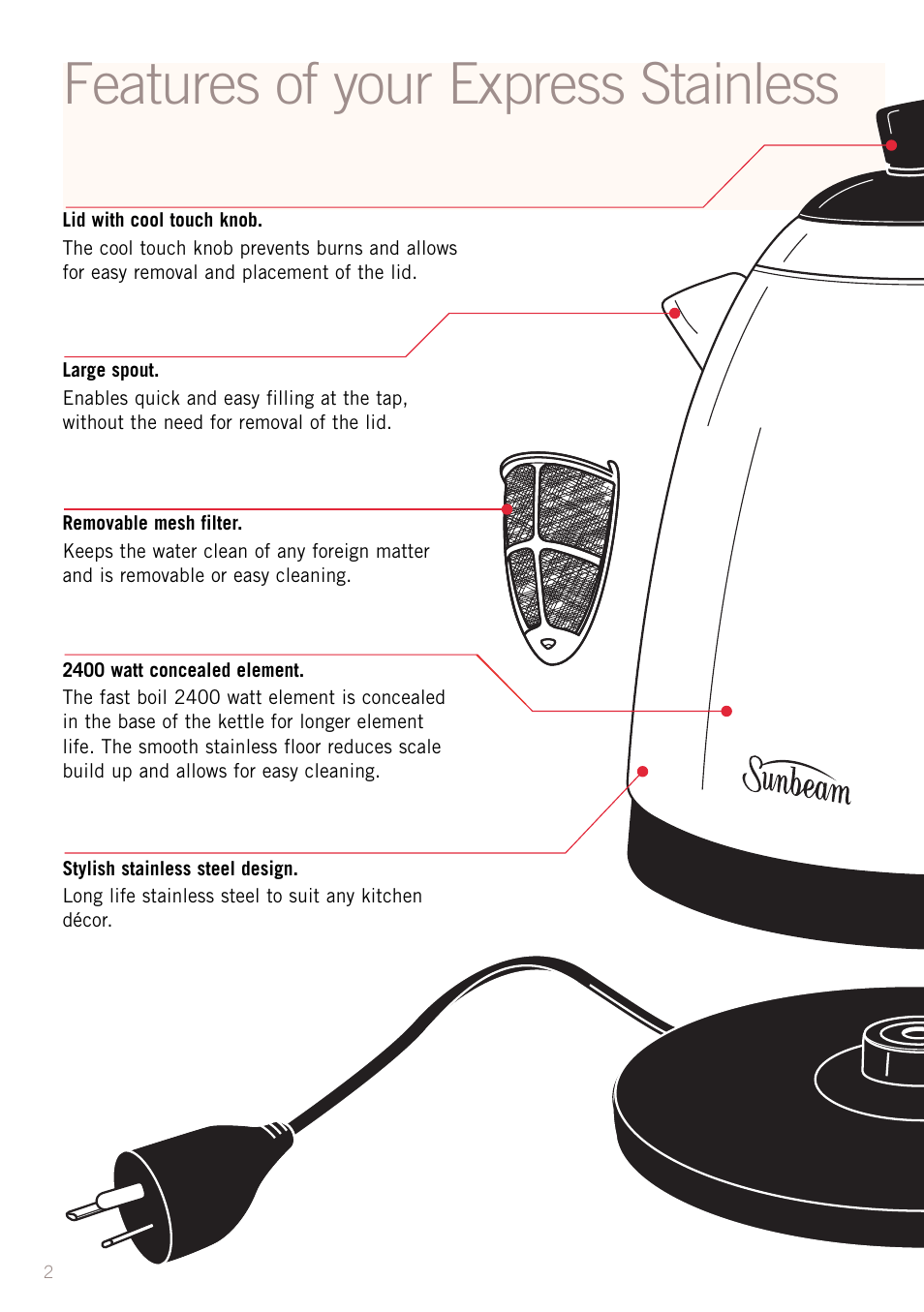 Features of your express stainless | Sunbeam KE7300 User Manual | Page 4 / 9