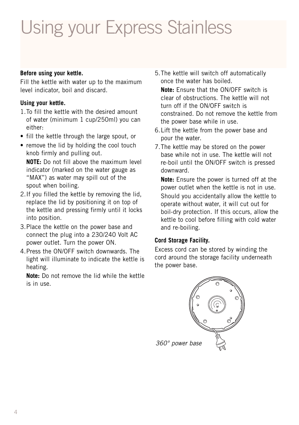 Using your express stainless | Sunbeam KE7300 User Manual | Page 6 / 9