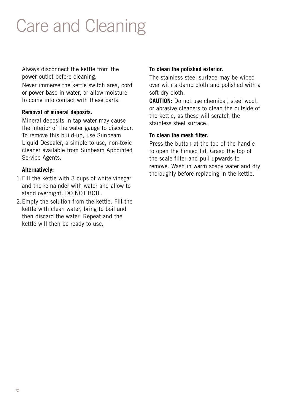 Care and cleaning | Sunbeam KE7300 User Manual | Page 8 / 9