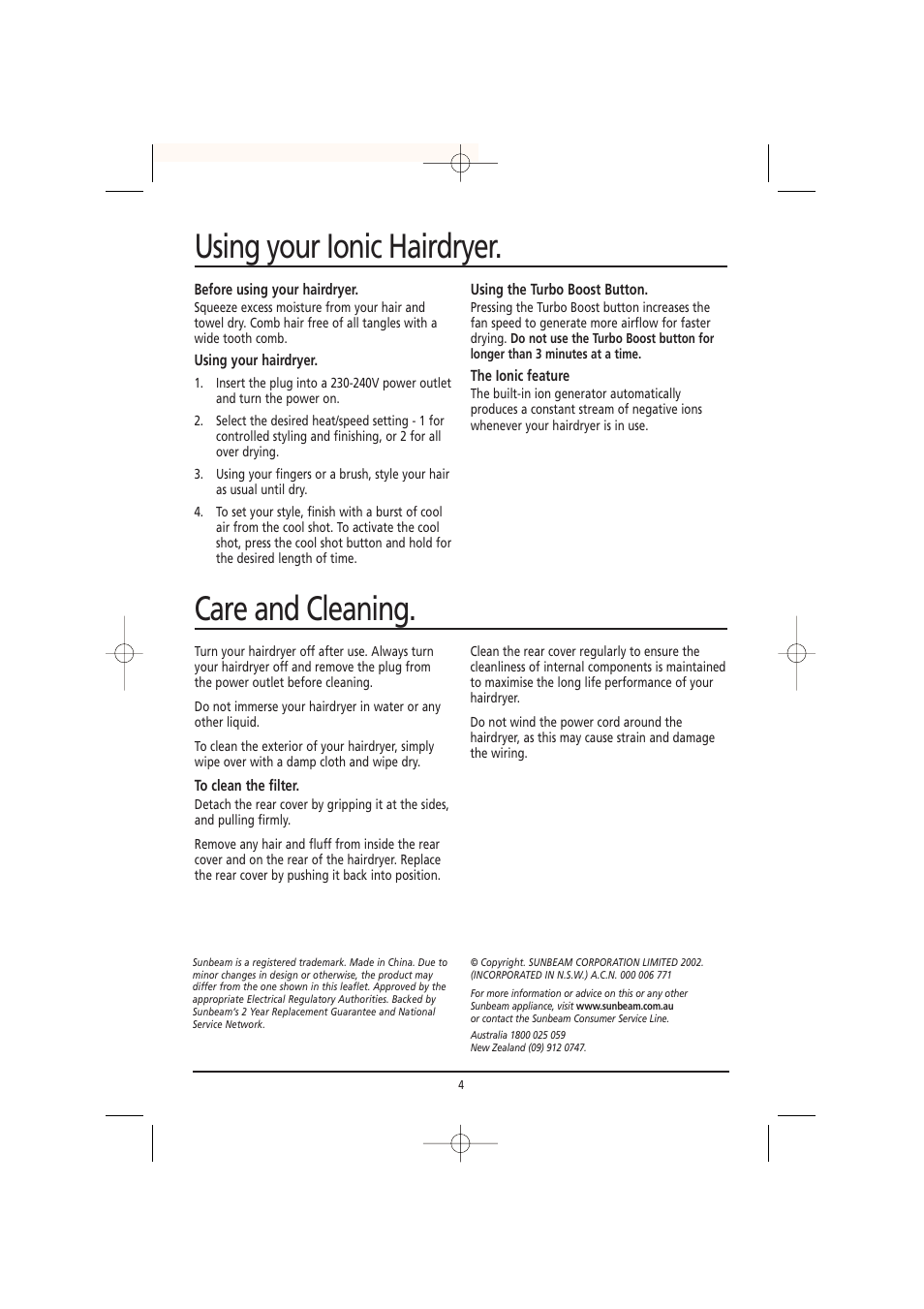 Using your ionic hairdryer. care and cleaning | Sunbeam HD2850 User Manual | Page 4 / 4