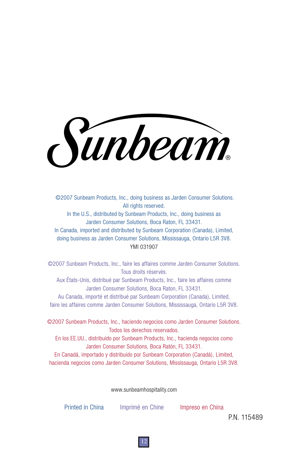 Sunbeam 6911 User Manual | Page 12 / 12