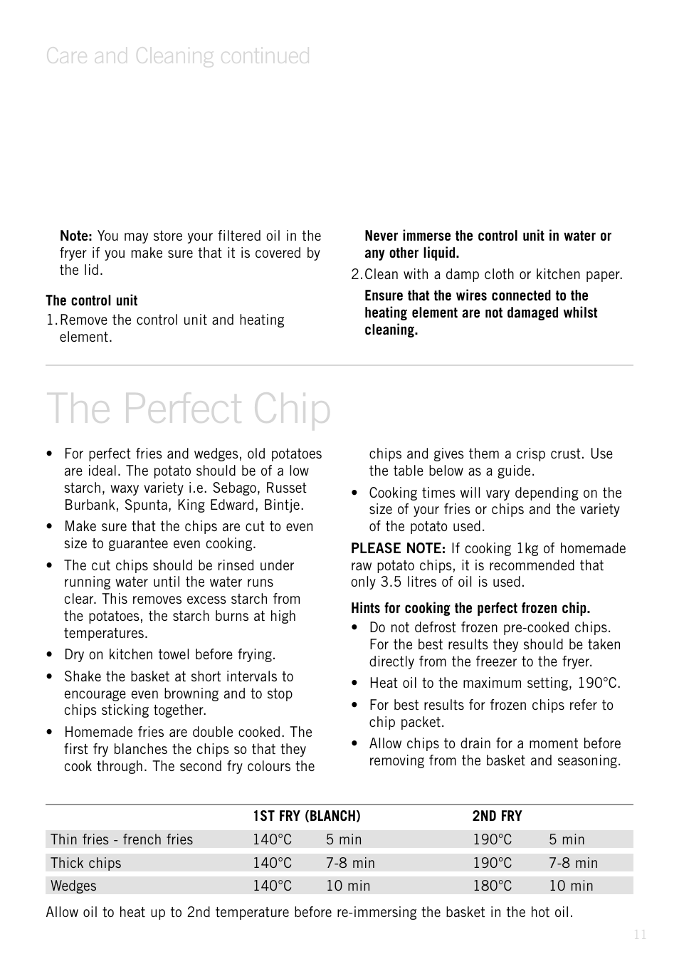 The perfect chip, Care and cleaning continued | Sunbeam Deep Fryer User Manual | Page 12 / 23