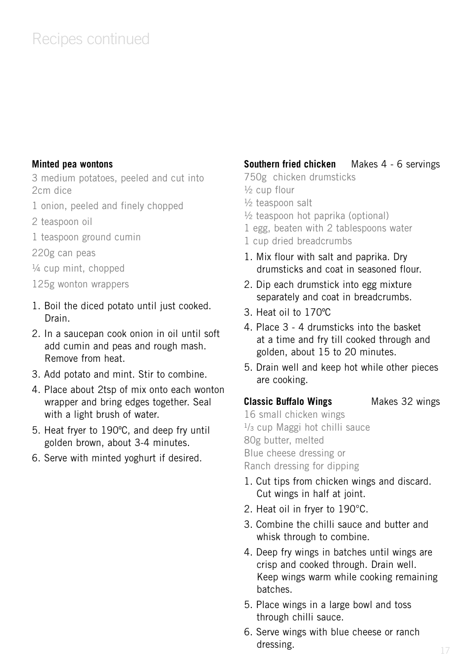 Heading, Recipes continued | Sunbeam Deep Fryer User Manual | Page 16 / 23