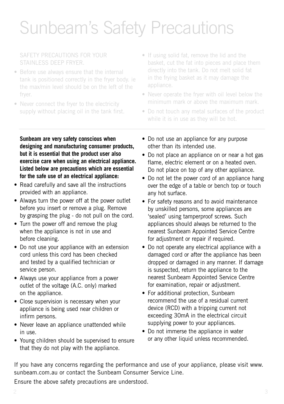 Sunbeam’s safety precautions | Sunbeam Deep Fryer User Manual | Page 3 / 23