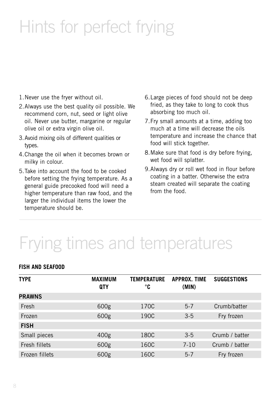 Hints for perfect frying, Frying times and temperatures | Sunbeam Deep Fryer User Manual | Page 9 / 23
