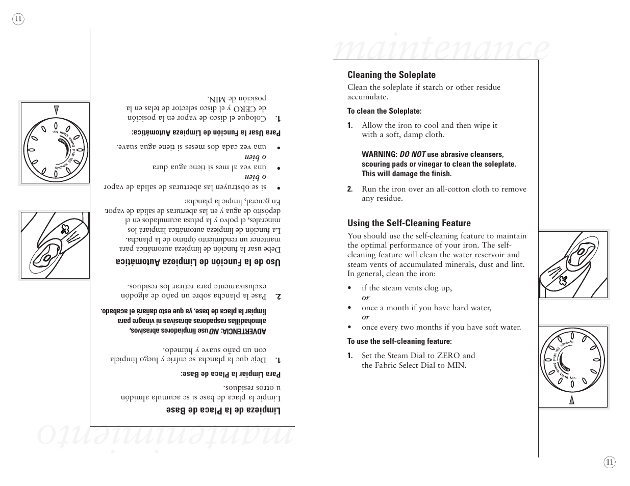 Maintenance, Mantenimiento | Sunbeam EURO PRESS IRON 4045 User Manual | Page 13 / 40