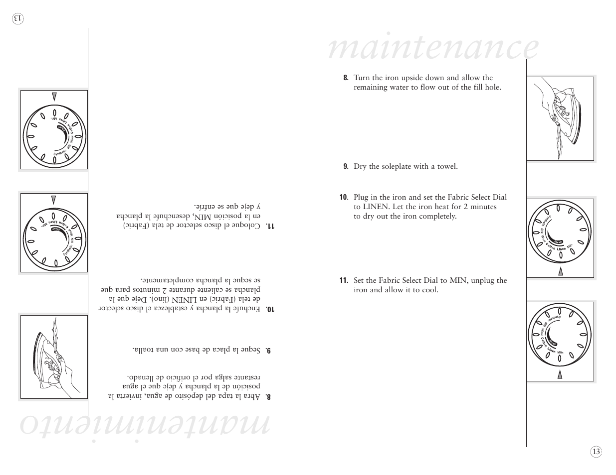 Maintenance, Mantenimiento | Sunbeam EURO PRESS IRON 4045 User Manual | Page 15 / 40