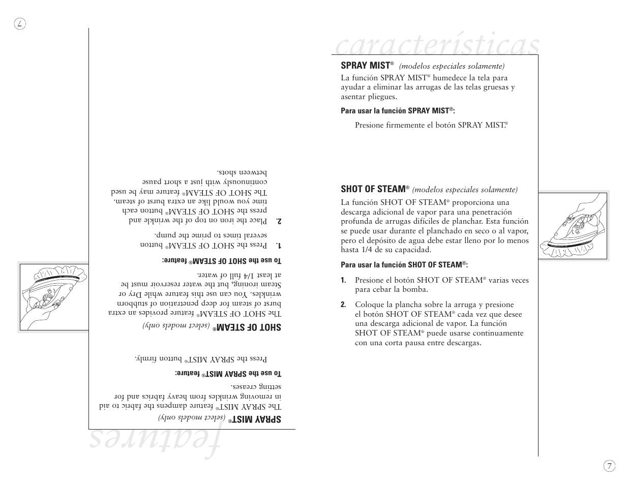 Features, Características, Cómo usar las funciones especiales | Sunbeam EURO PRESS IRON 4045 User Manual | Page 29 / 40