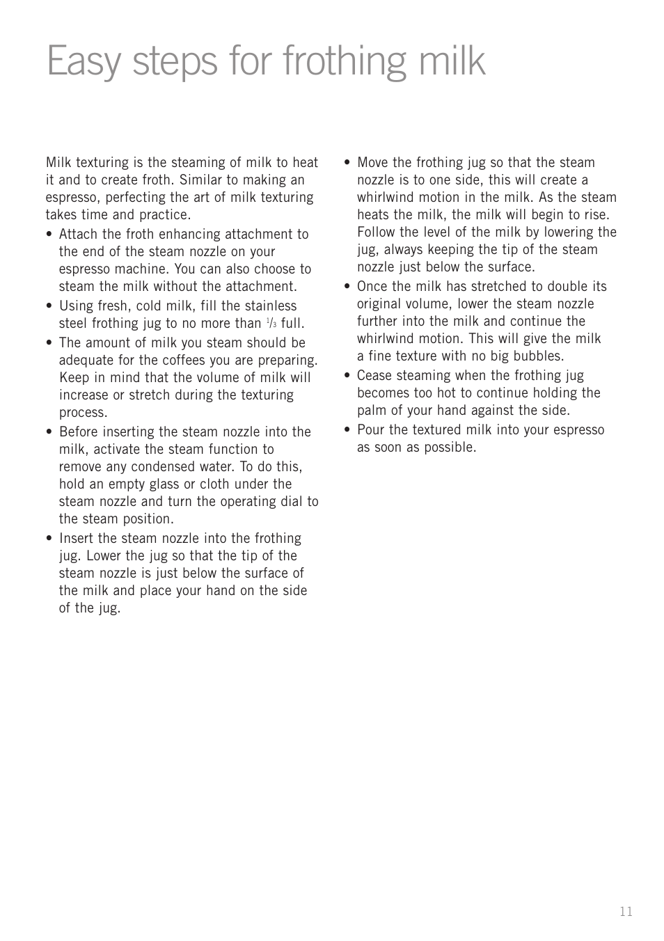 Easy steps for frothing milk | Sunbeam EM4800 User Manual | Page 13 / 28