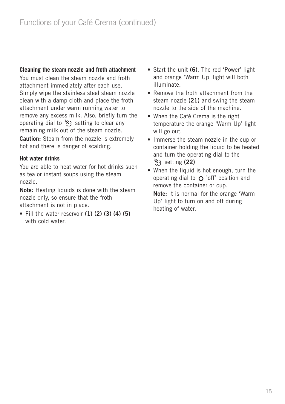 Functions of your café crema (continued) | Sunbeam EM4800 User Manual | Page 17 / 28