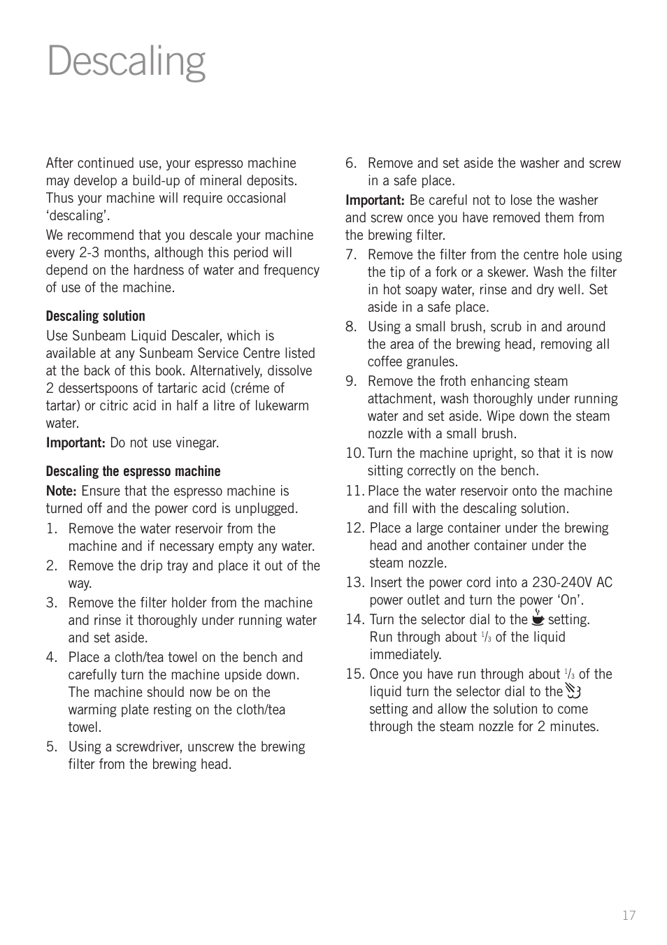 Descaling | Sunbeam EM4800 User Manual | Page 19 / 28
