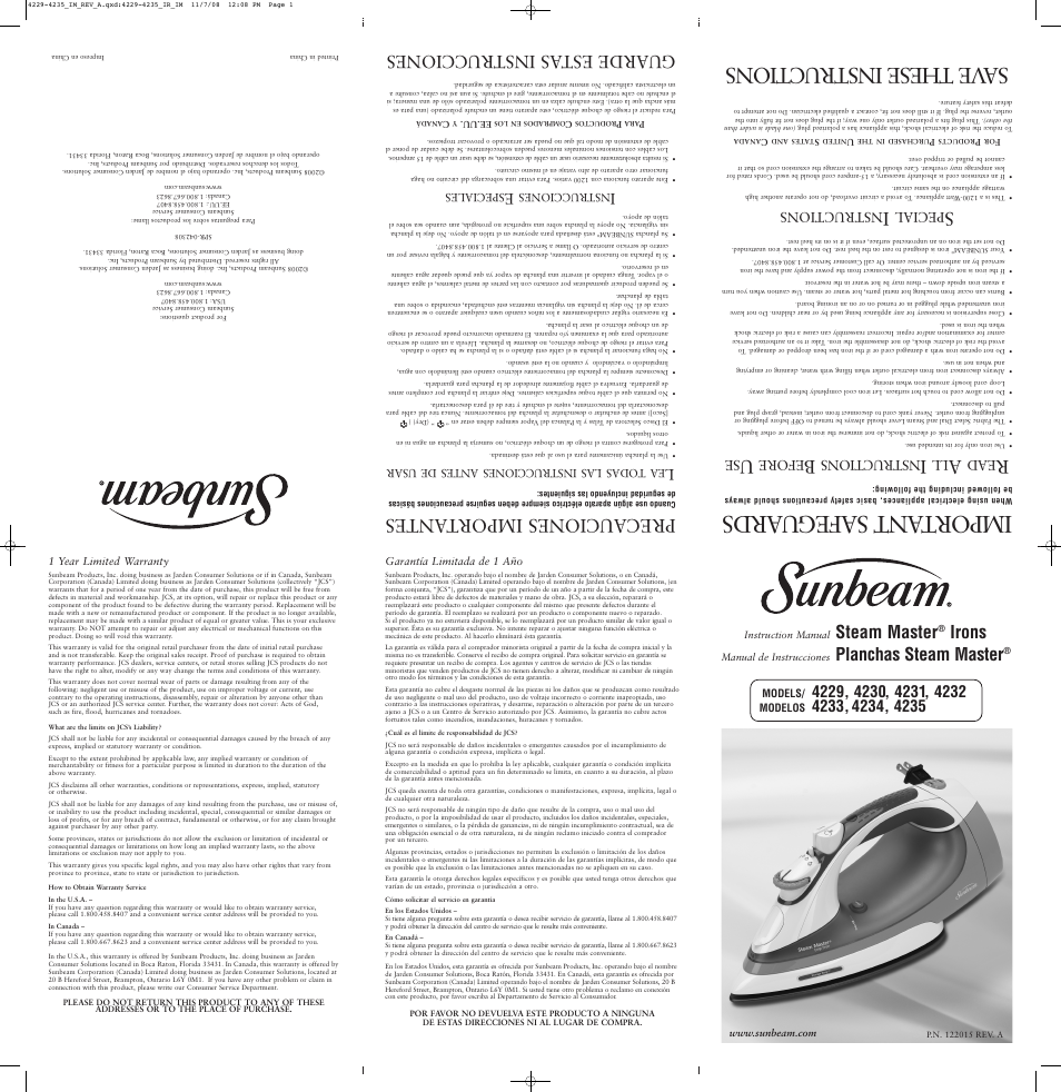 Sunbeam 4229 User Manual | 2 pages