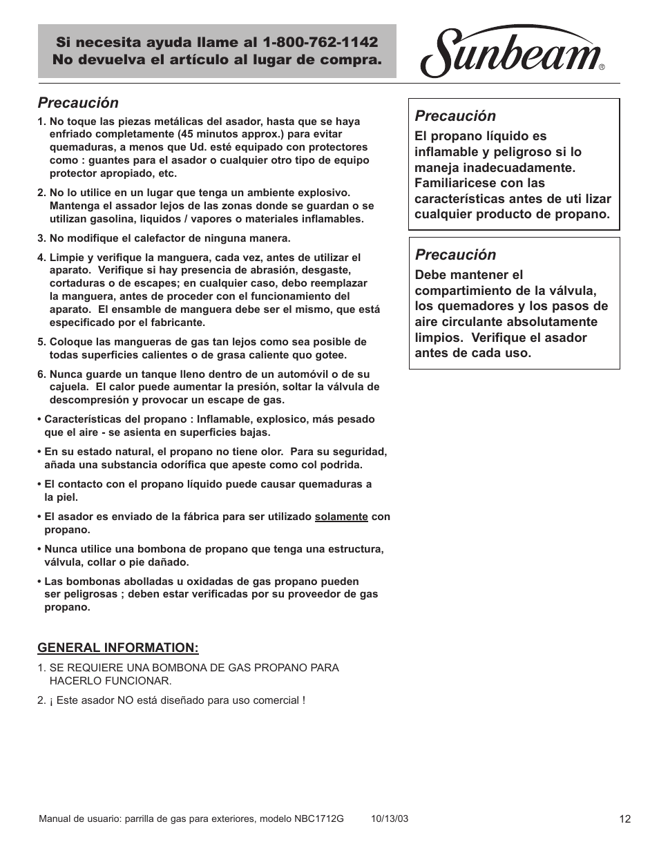 Precaución | Sunbeam NBC1712G User Manual | Page 13 / 34