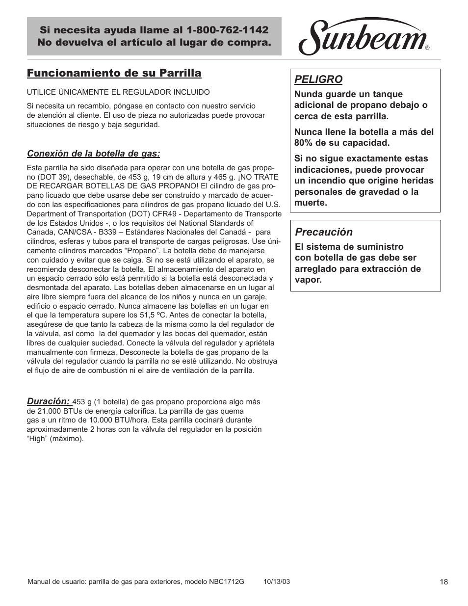 Funcionamiento de su parrilla, Precaución, Peligro | Sunbeam NBC1712G User Manual | Page 19 / 34