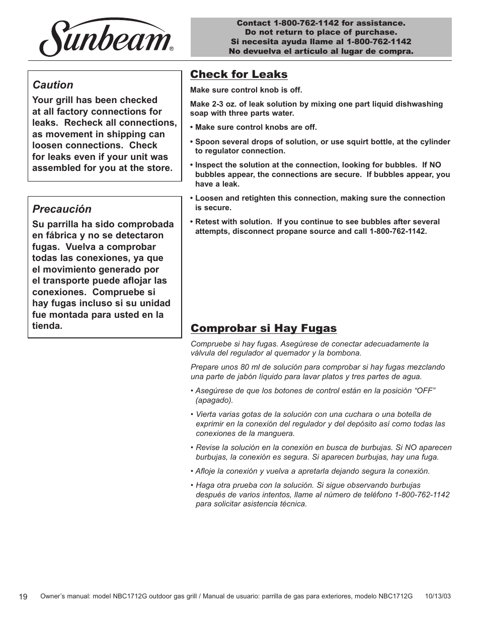 Caution, Comprobar si hay fugas, Precaución | Sunbeam NBC1712G User Manual | Page 20 / 34