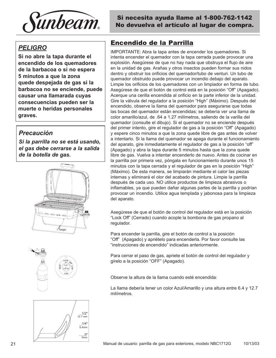 Peligro, Encendido de la parrilla, Precaución | Sunbeam NBC1712G User Manual | Page 22 / 34
