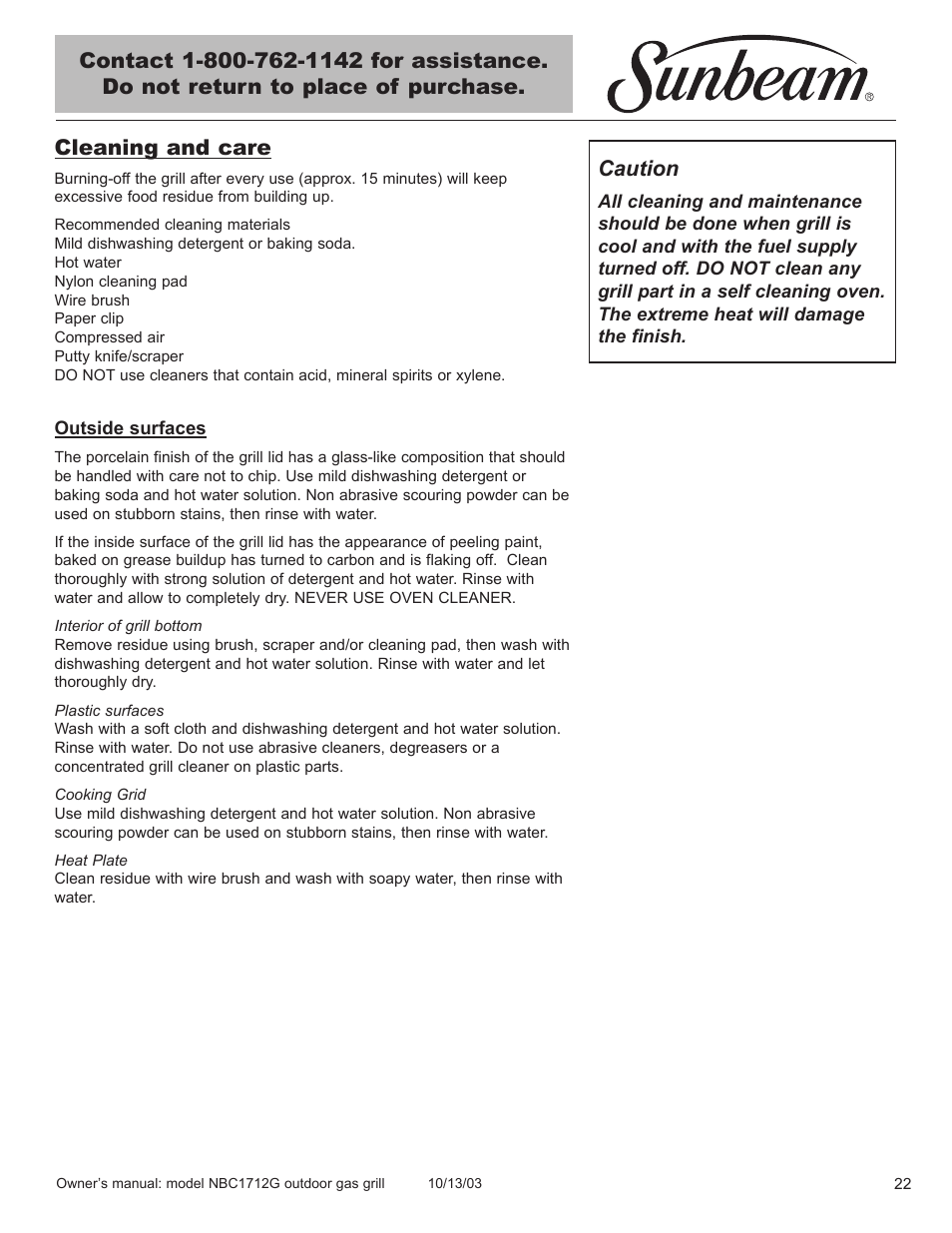 Cleaning and care | Sunbeam NBC1712G User Manual | Page 23 / 34