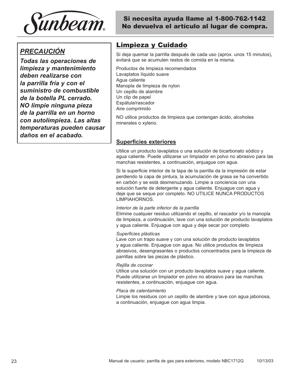 Precaución, Limpieza y cuidado | Sunbeam NBC1712G User Manual | Page 24 / 34