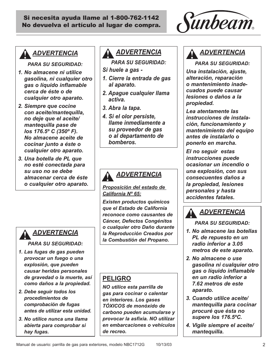 Advertencia | Sunbeam NBC1712G User Manual | Page 3 / 34