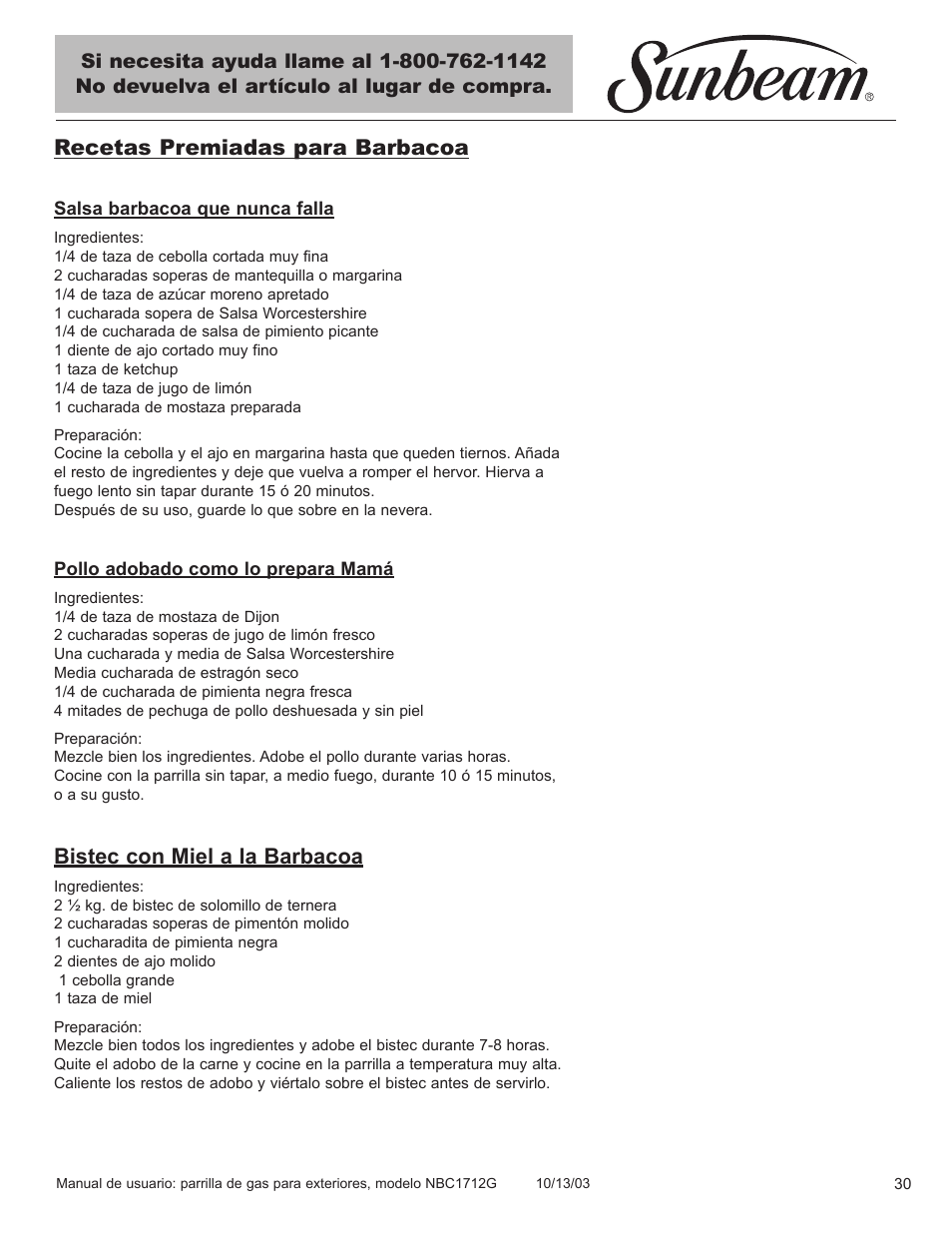 Recetas premiadas para barbacoa, Bistec con miel a la barbacoa | Sunbeam NBC1712G User Manual | Page 31 / 34