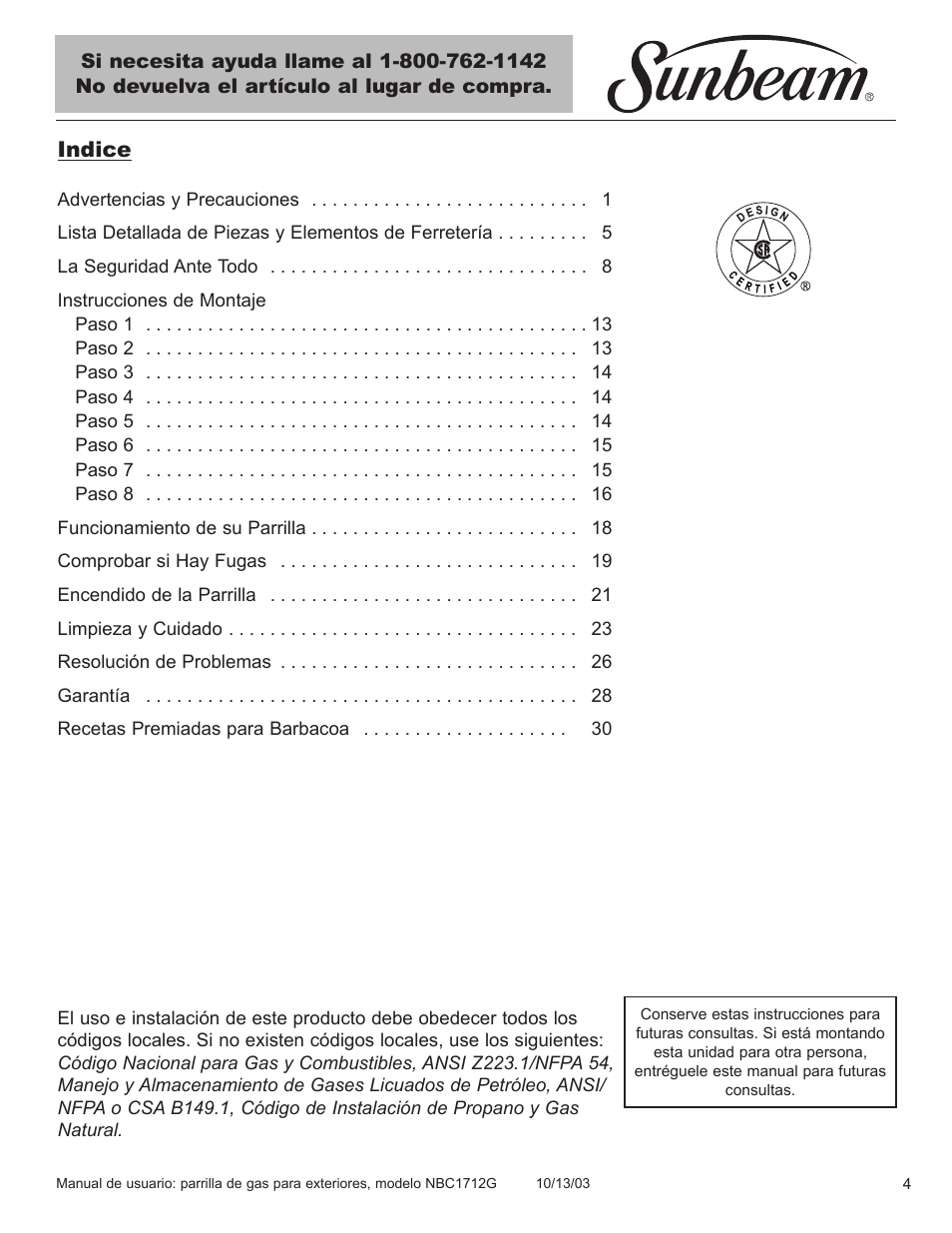 Indice | Sunbeam NBC1712G User Manual | Page 5 / 34