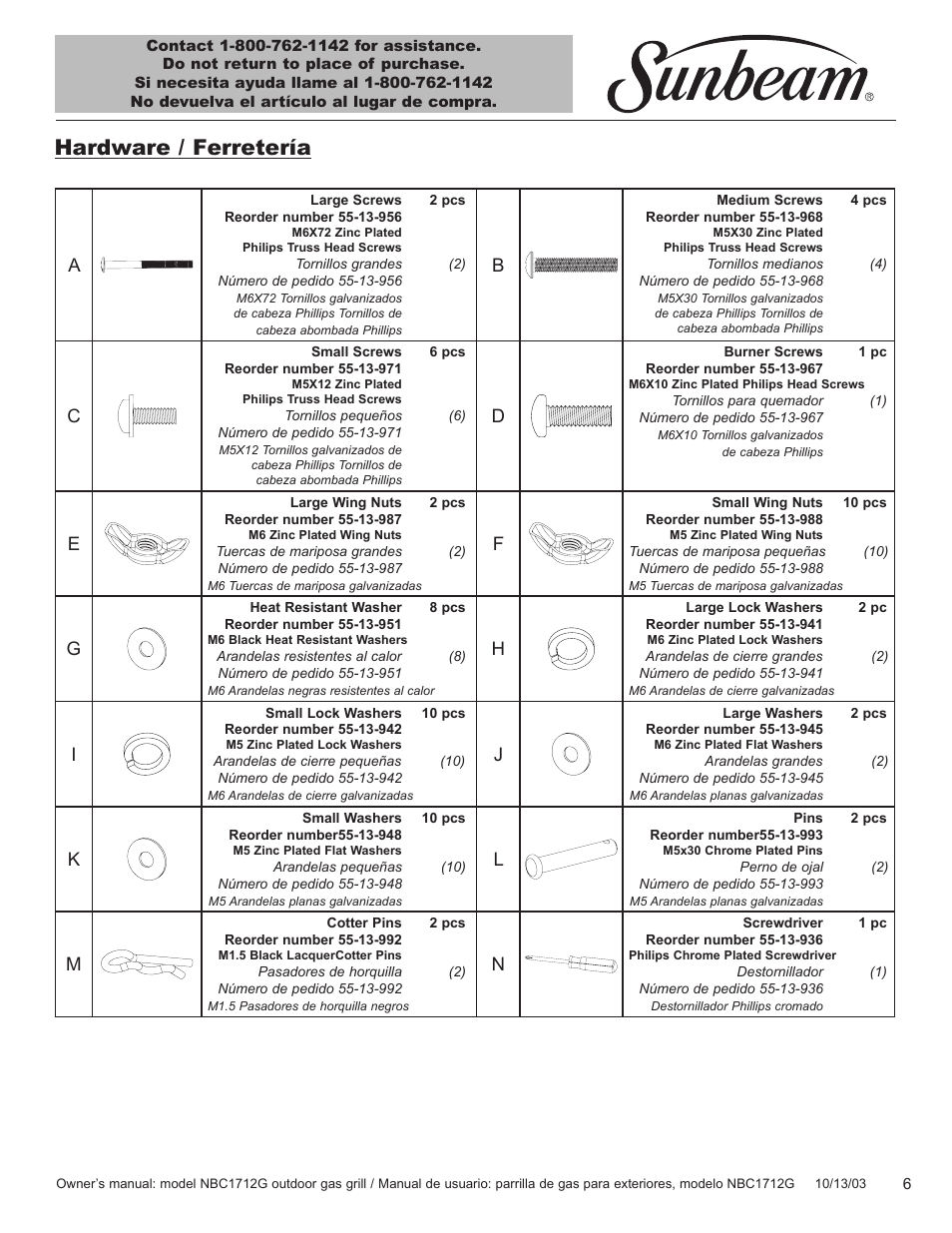 Hardware / ferretería | Sunbeam NBC1712G User Manual | Page 7 / 34