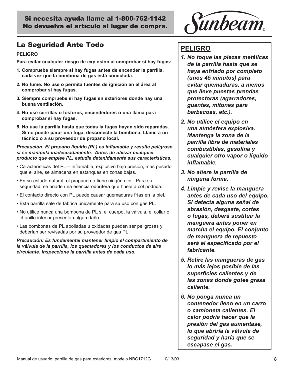 La seguridad ante todo, Peligro | Sunbeam NBC1712G User Manual | Page 9 / 34