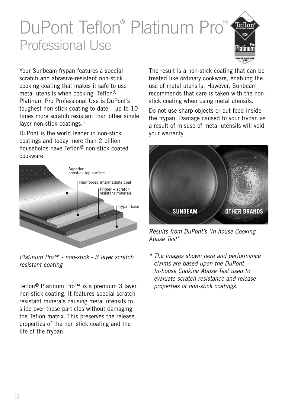 Dupont teflon platinum pro non-stick, Dupont teflon, Platinum pro | Professional use | Sunbeam SK4200P User Manual | Page 14 / 36