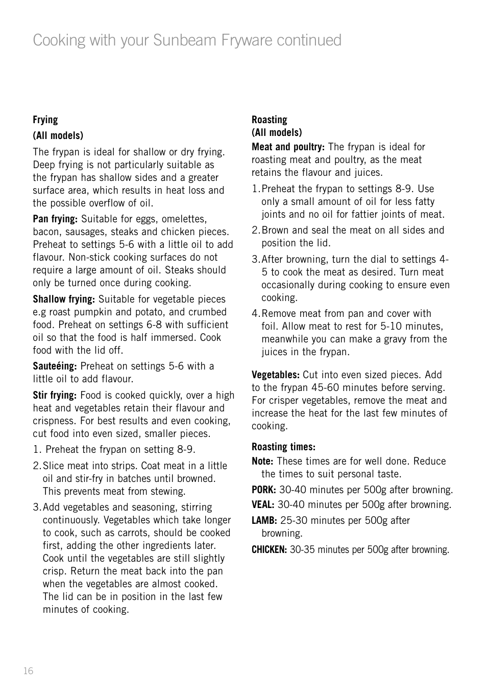 Heading, Cooking with your sunbeam fryware continued | Sunbeam SK4200P User Manual | Page 18 / 36