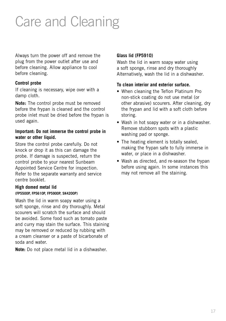 Care and cleaning, Heading | Sunbeam SK4200P User Manual | Page 19 / 36