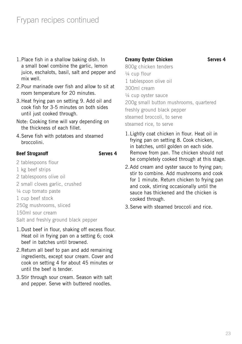 Heading, Frypan recipes continued | Sunbeam SK4200P User Manual | Page 25 / 36