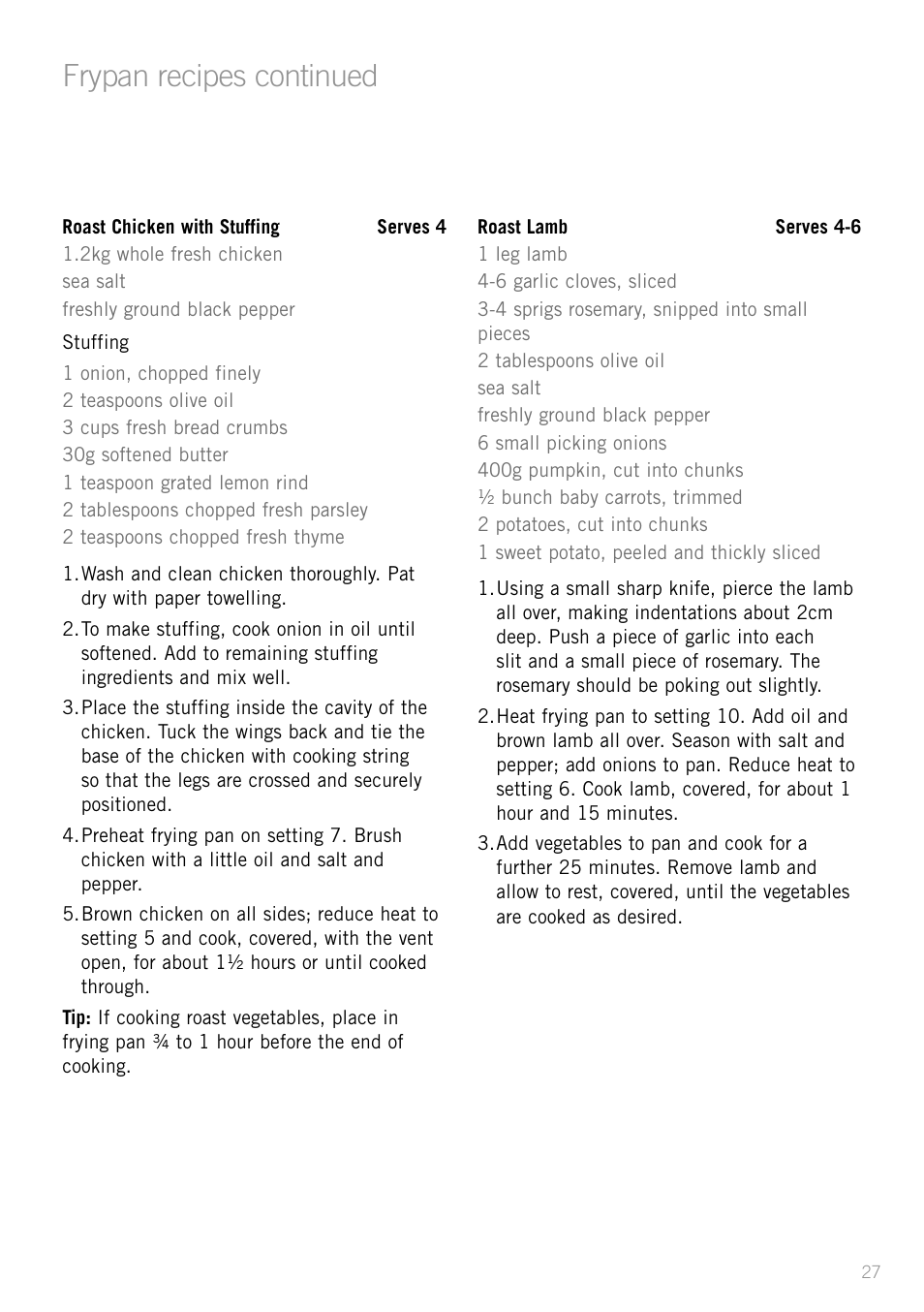 Heading, Frypan recipes continued | Sunbeam SK4200P User Manual | Page 29 / 36