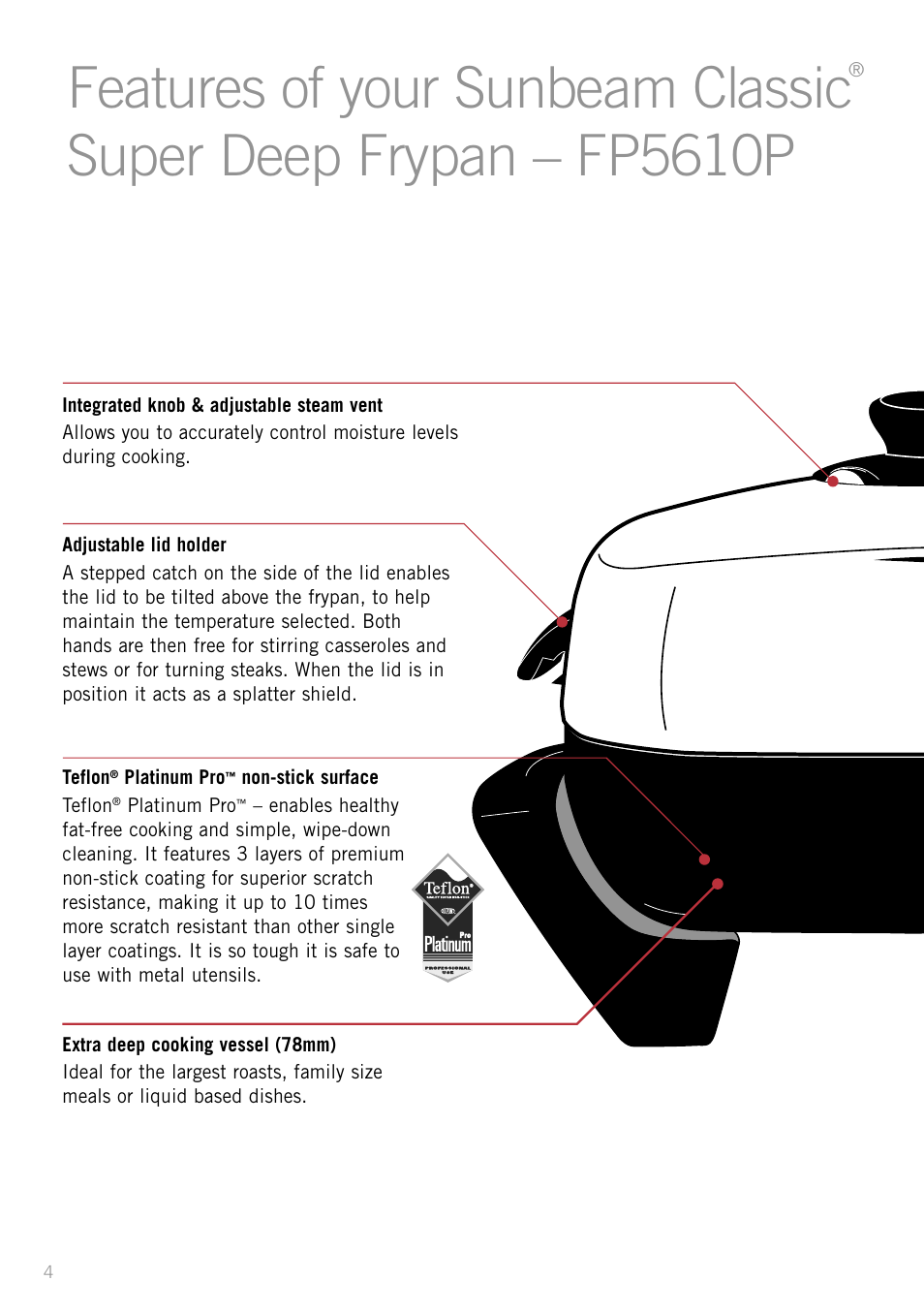 Sunbeam classic, Super deep frypan – fp5610p 4, Features of your sunbeam classic | Super deep frypan – fp5610p | Sunbeam SK4200P User Manual | Page 6 / 36