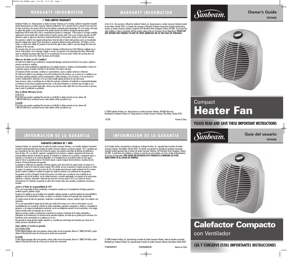 Sunbeam SFH400 User Manual | 2 pages