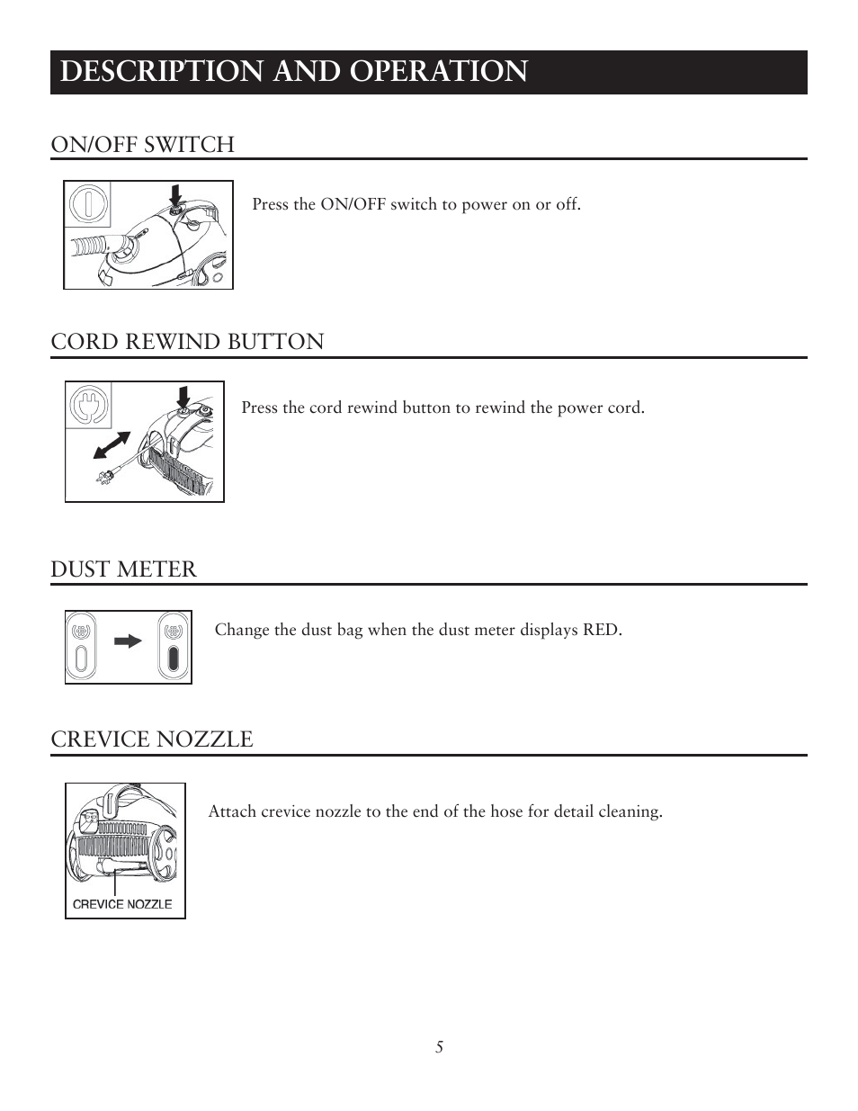 Description and operation | Sunbeam SNV11CBRB User Manual | Page 5 / 10