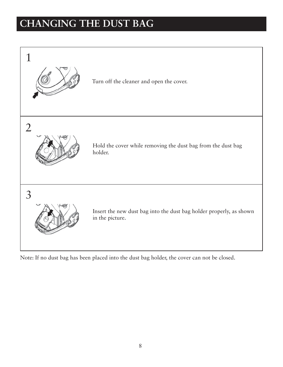 Changing the dust bag | Sunbeam SNV11CBRB User Manual | Page 8 / 10