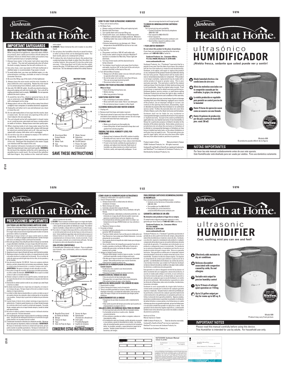 Humidifier, Humidificador, Important safeguards | Precauciones importantes, Niteview, Notas importantes | Sunbeam HUMIDIFIERCool User Manual | Page 8 / 8