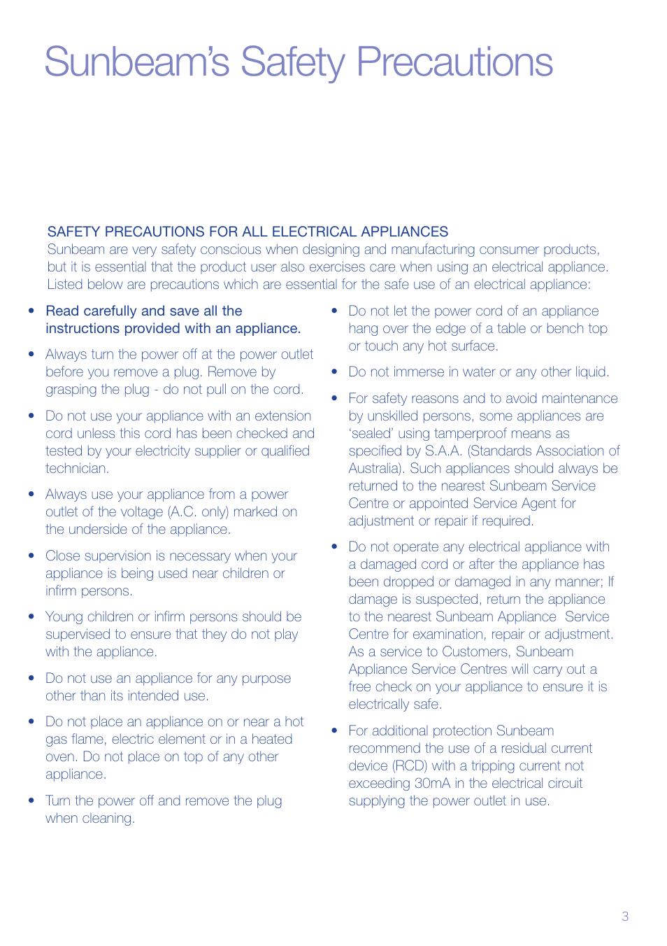 Sunbeam’s safety precautions | Sunbeam WF6800 User Manual | Page 4 / 14