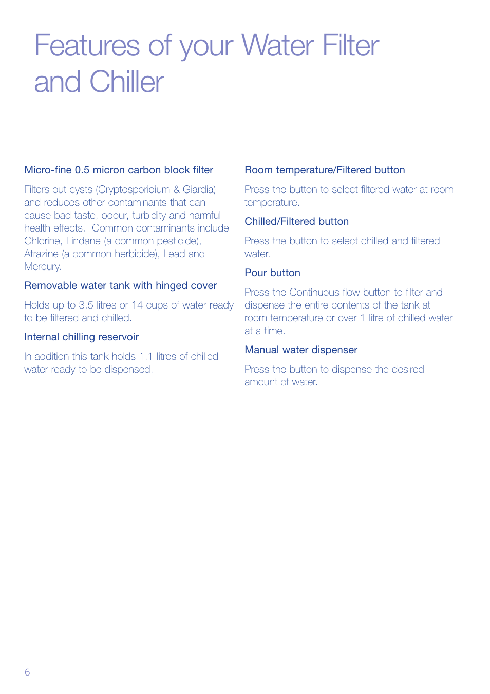 Features of your water filter and chiller | Sunbeam WF6800 User Manual | Page 7 / 14