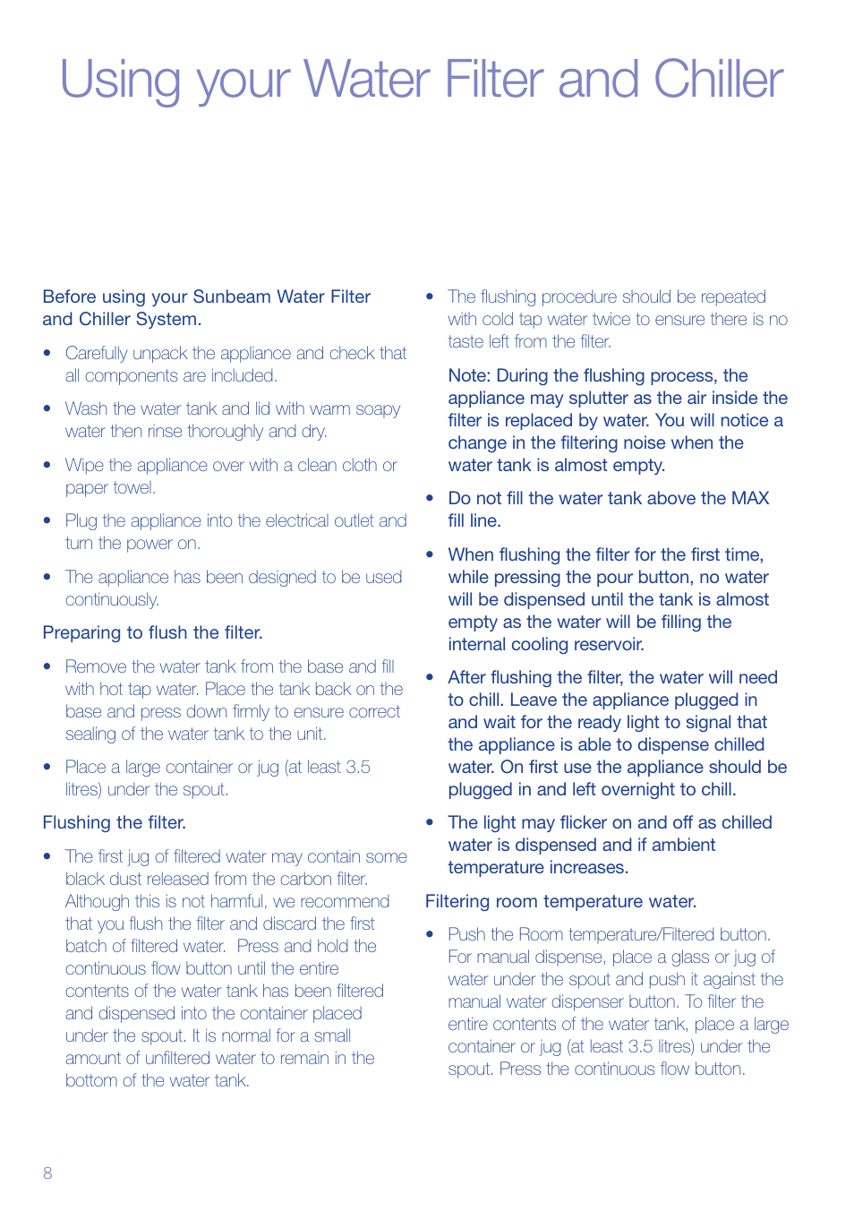 Using your water filter and chiller | Sunbeam WF6800 User Manual | Page 9 / 14