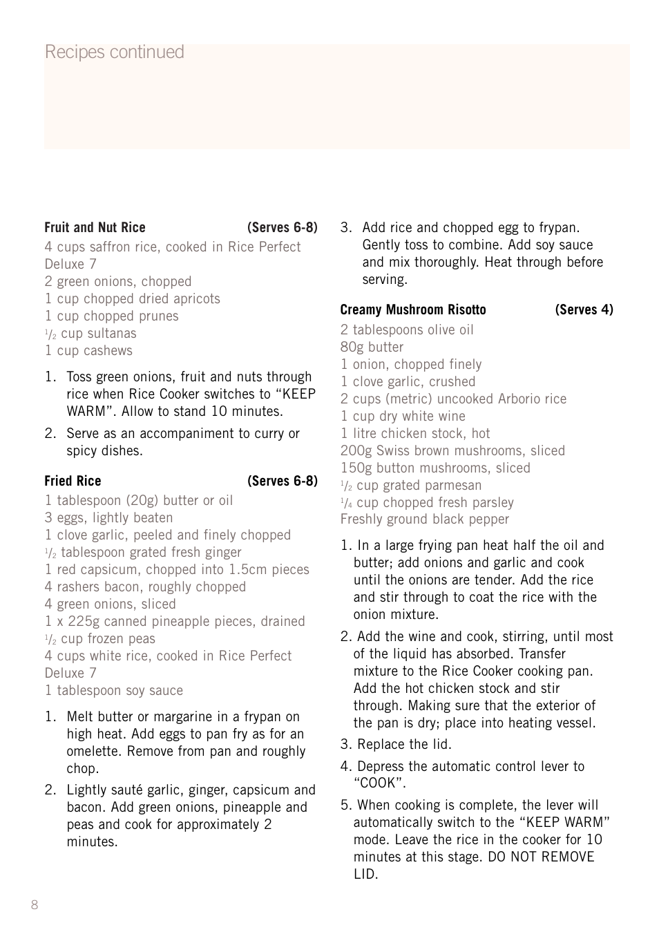 Recipes continued | Sunbeam RC5600 User Manual | Page 10 / 20