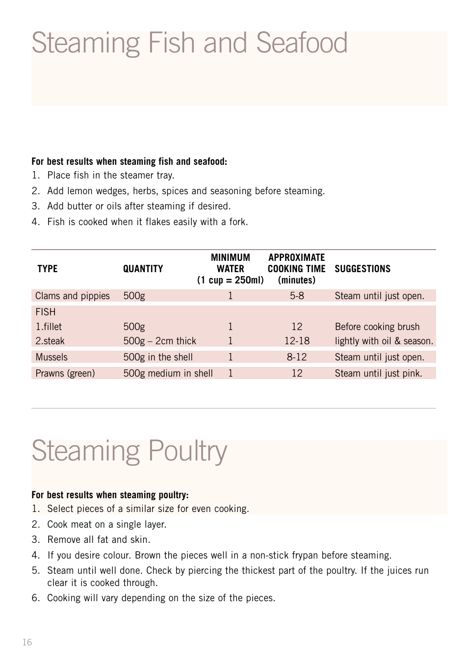 Steaming poultry steaming fish and seafood | Sunbeam RC5600 User Manual | Page 18 / 20