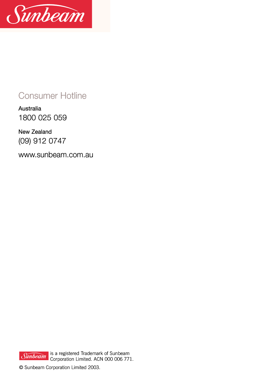 Consumer hotline | Sunbeam RC5600 User Manual | Page 20 / 20