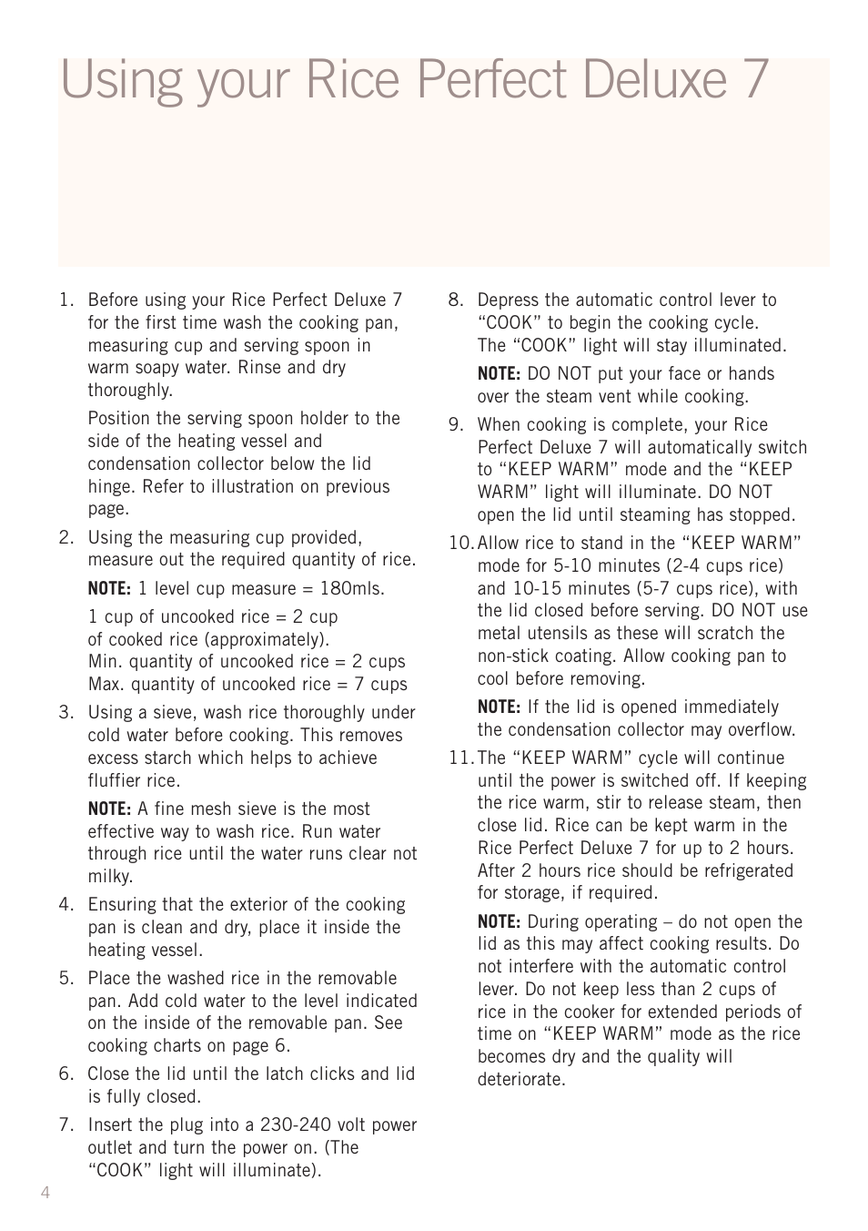 Using your rice perfect deluxe 7 | Sunbeam RC5600 User Manual | Page 6 / 20
