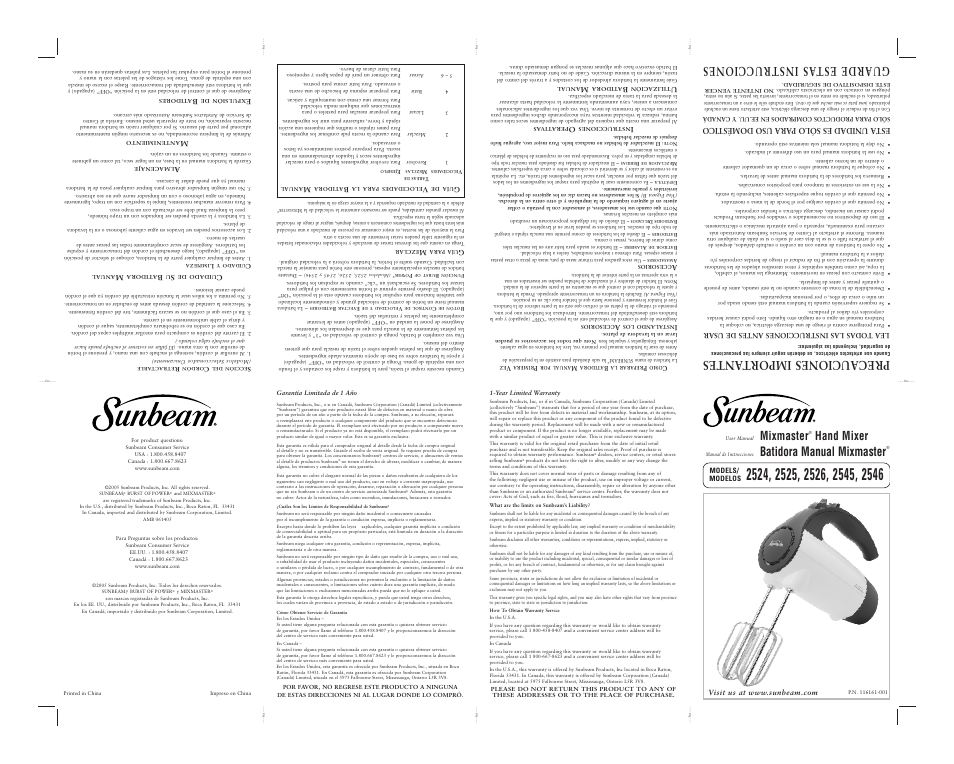 Sunbeam 2525 User Manual | 2 pages